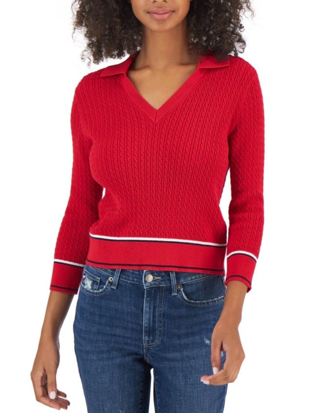 Tommy Hilfiger Red Cable Knit Collared V Neck Sweater Large